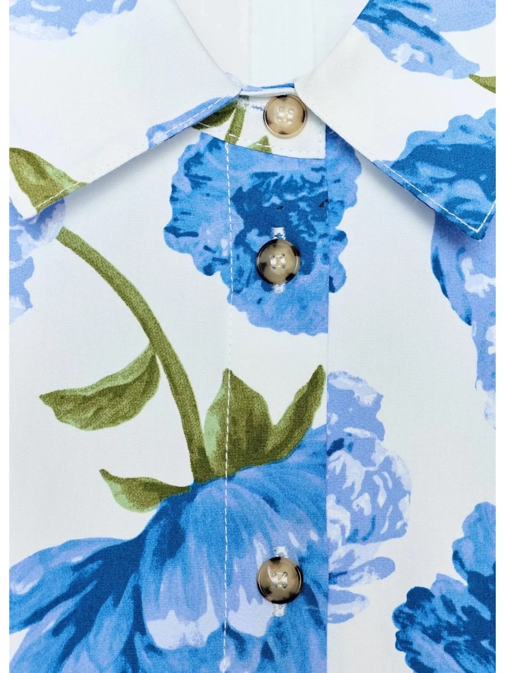 Zara White Button-Front Blouse with Blue Floral Print and Puff Sleeves